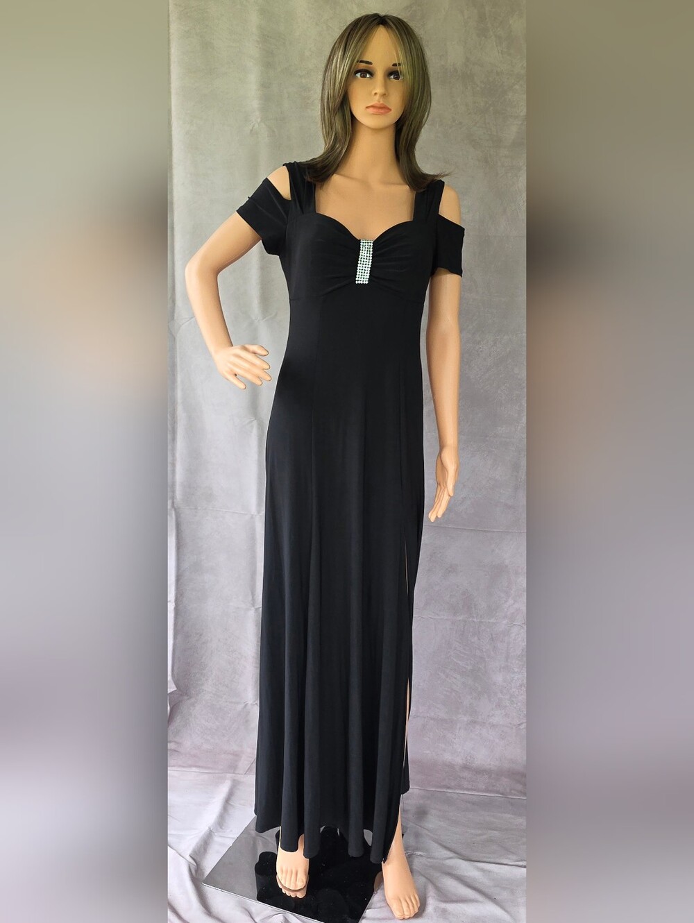 Classic Black Off Shoulder Long Dress With Diamond Like Accent